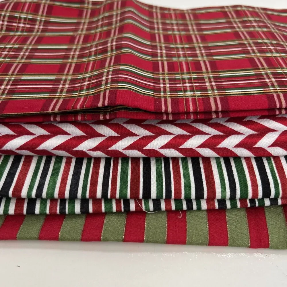 Cotton Quilting Fabric Bundle Christmas Holiday Plaid Stripes Lot 4 Pieces
